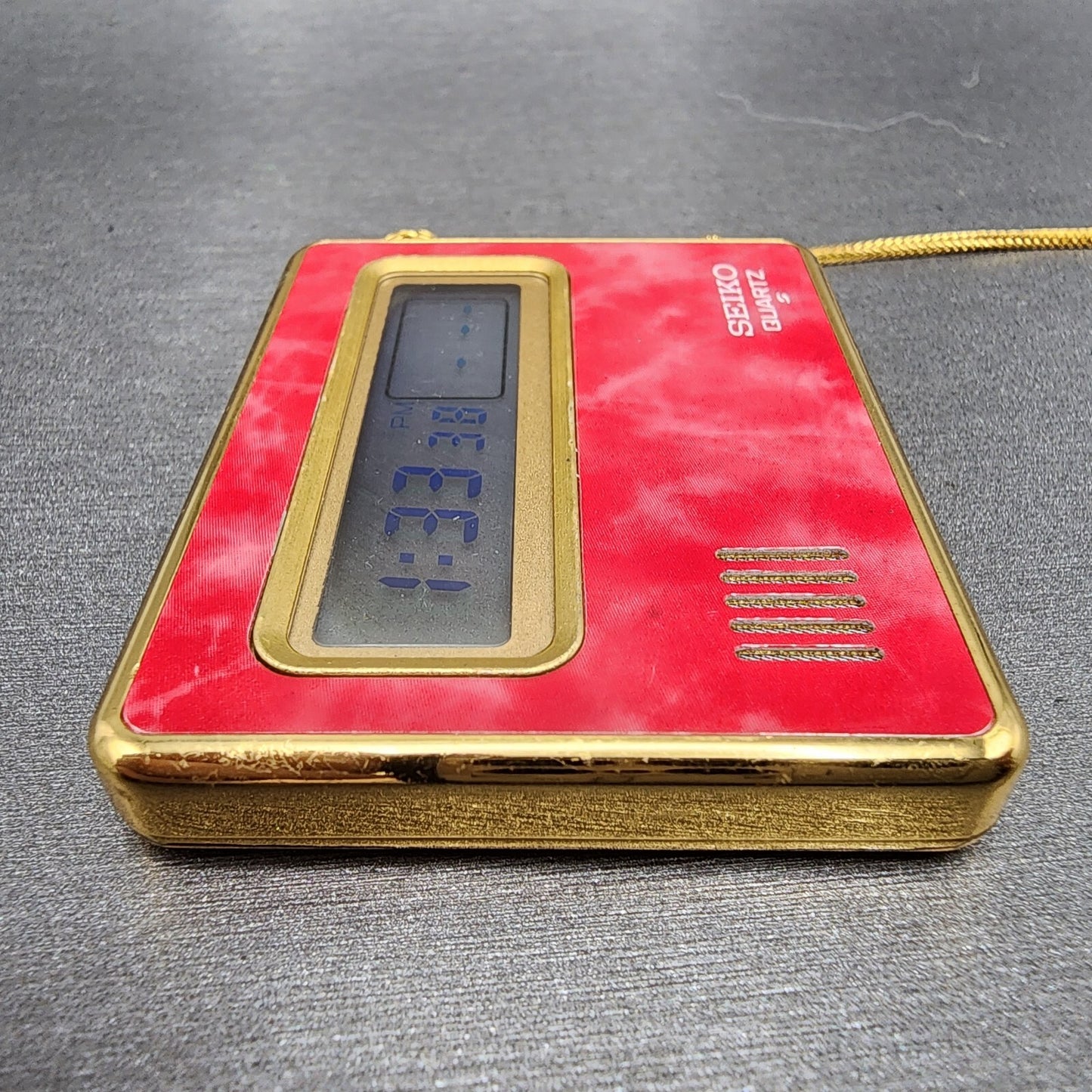 Seiko Travel Alarm Clock Digital 61mm Red Gold Tone 7412803Q New Batteyr3