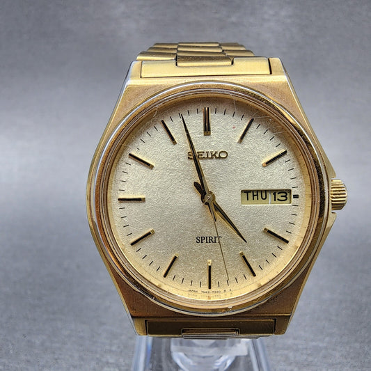 Seiko Spirit Watch Men 35mm Champagne Dial Gold Tone Daydate 7n437180 PARTS0