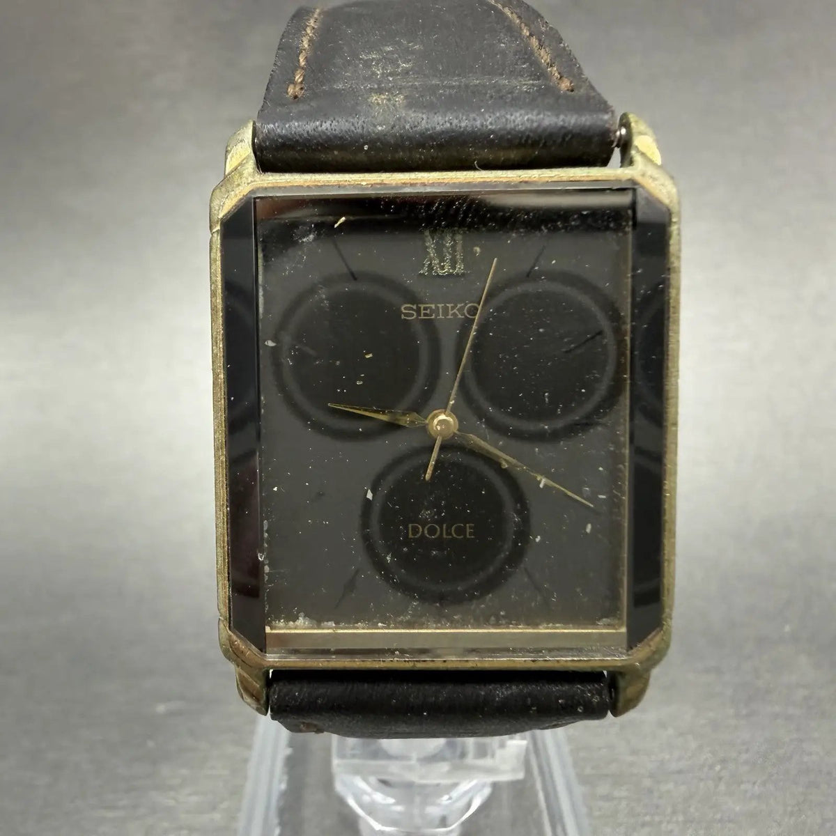 Seiko Dolce Tank Watch Men 26mm Black Dial Gold Tone Rectangle 5E31-5B90 PARTS0