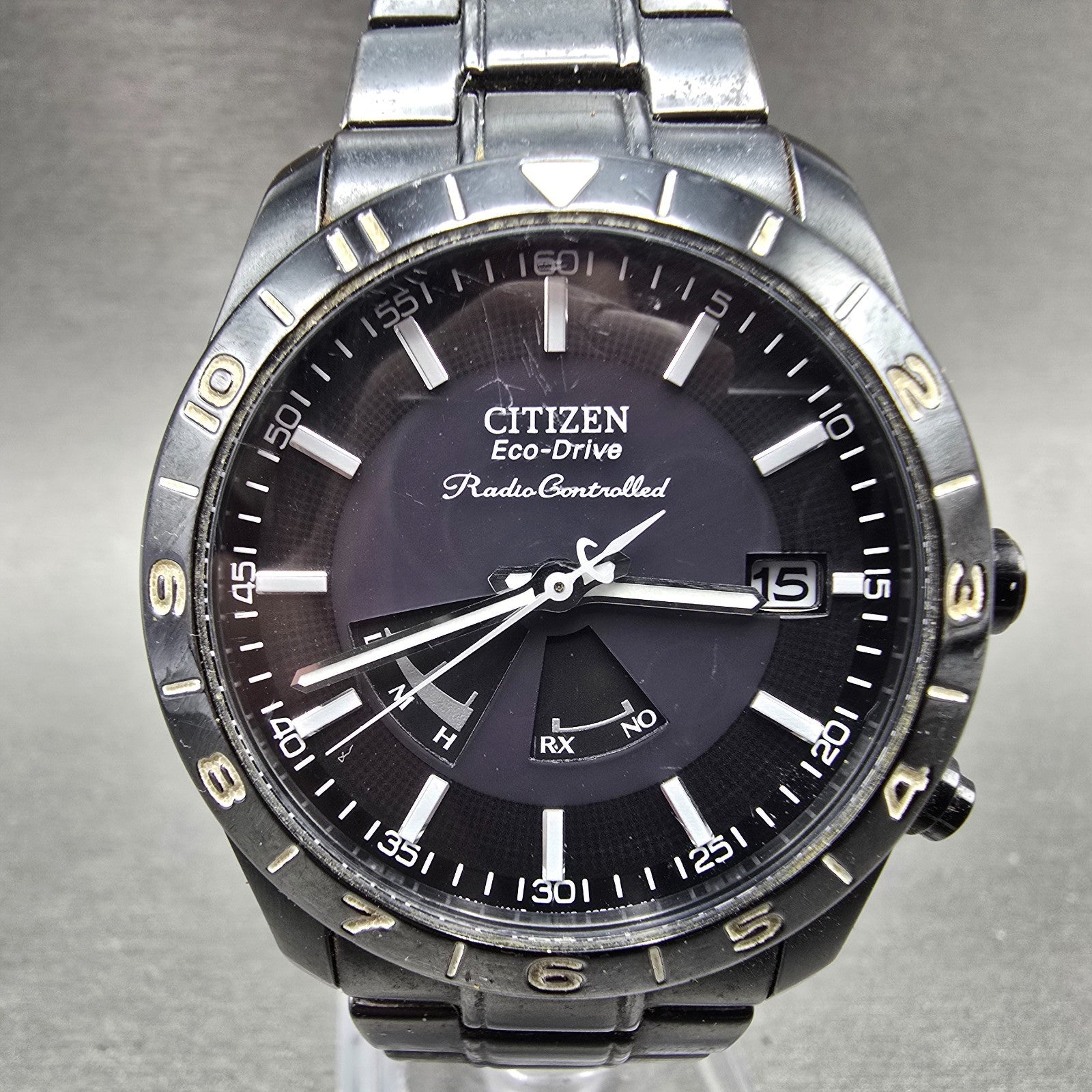 Citizen Eco-Drive Watch Men 38mm Black Dial Black Tone Atomic Date PARTS!!! H4160
