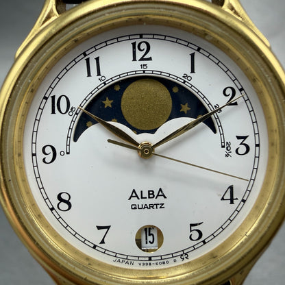 Seiko ALBA Moon Phase Watch Men 31mm White Dial Gold Tone Round New Battery VTG1
