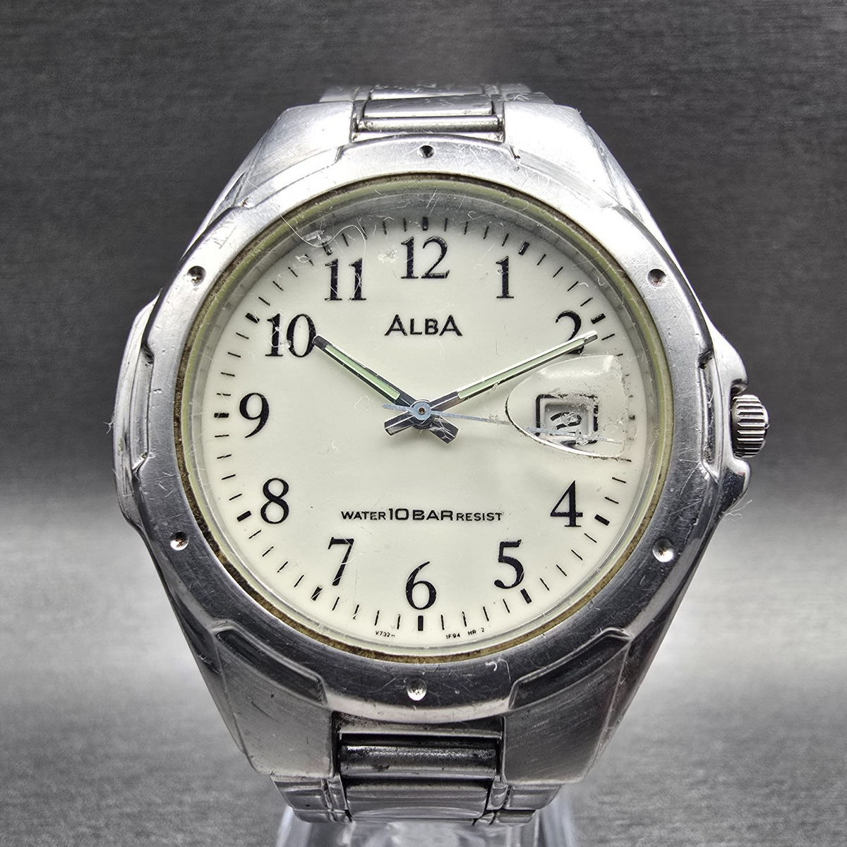 Seiko Alba Watch Men 39mm Luminous Dial Silver Tone Date V732-0S00 New Battery0
