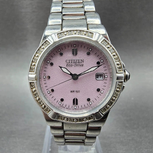 Citizen Eco-Drive Watch Women 26mm Pink Dial Silver Diamonds Date E011-S0436970