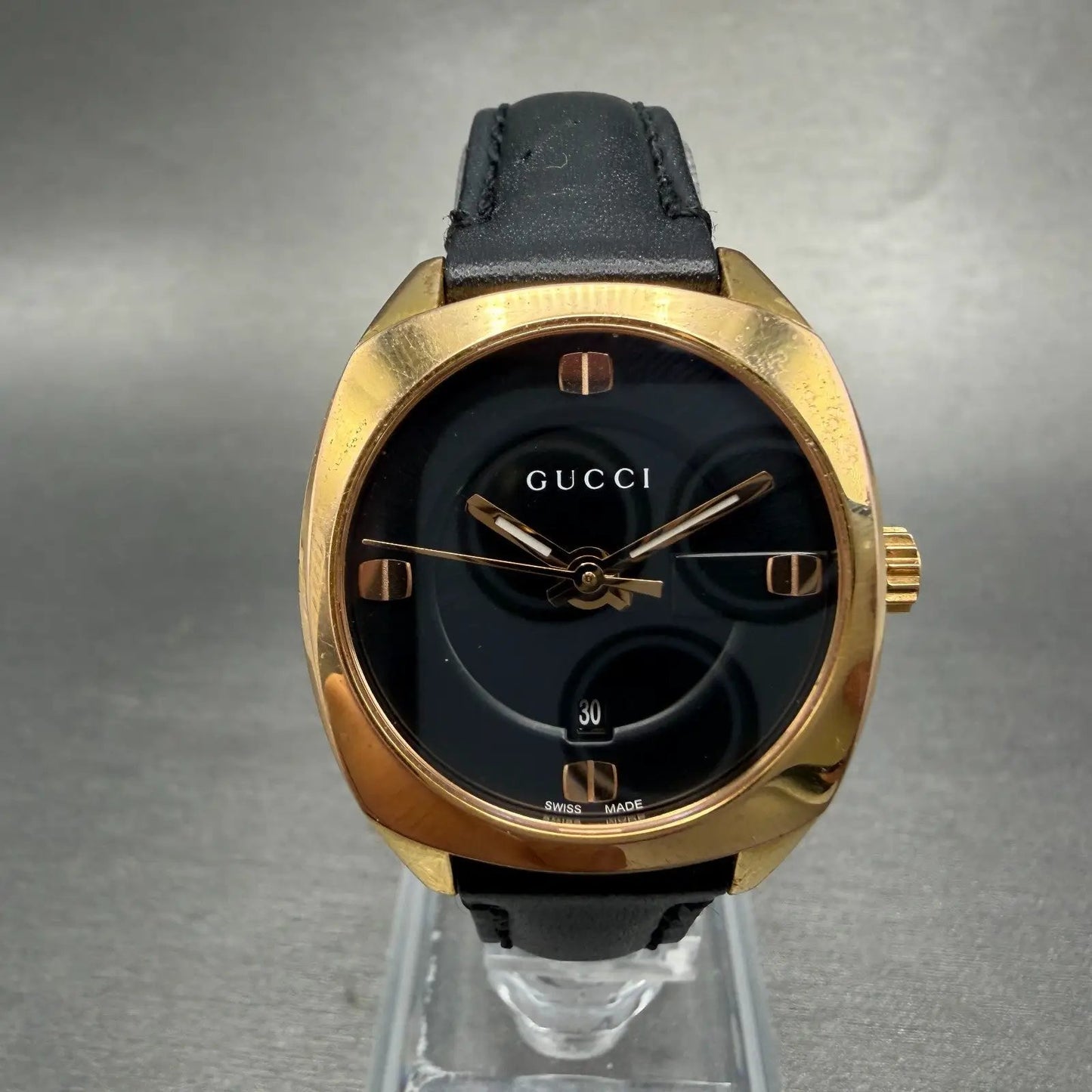 Gucci 142.5 Watch Women 29mm Black Dial Rose Gold Tone Date RoundNew battery0