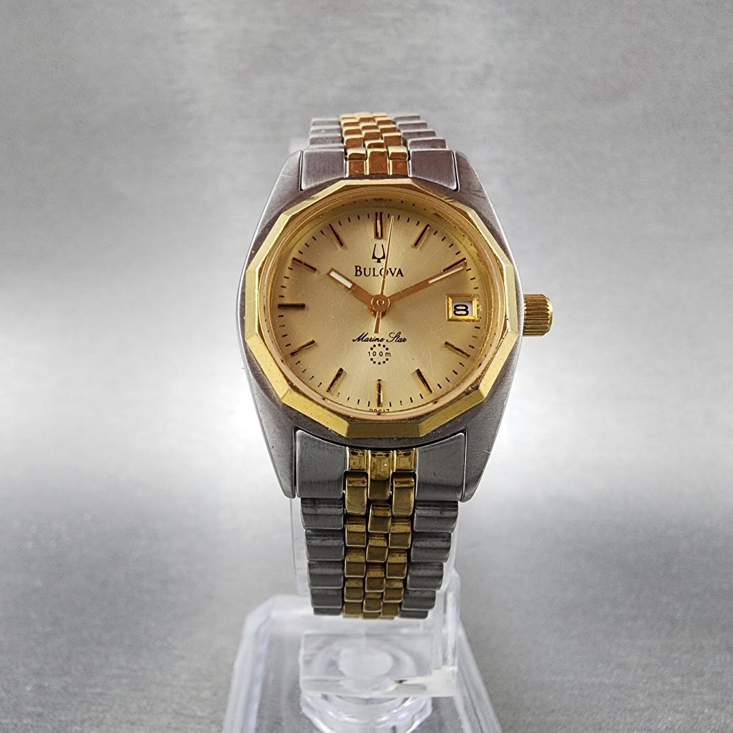 Bulova Marine Star Watch Women 24mm Gold Dial Two Tone Date Round New Battery5