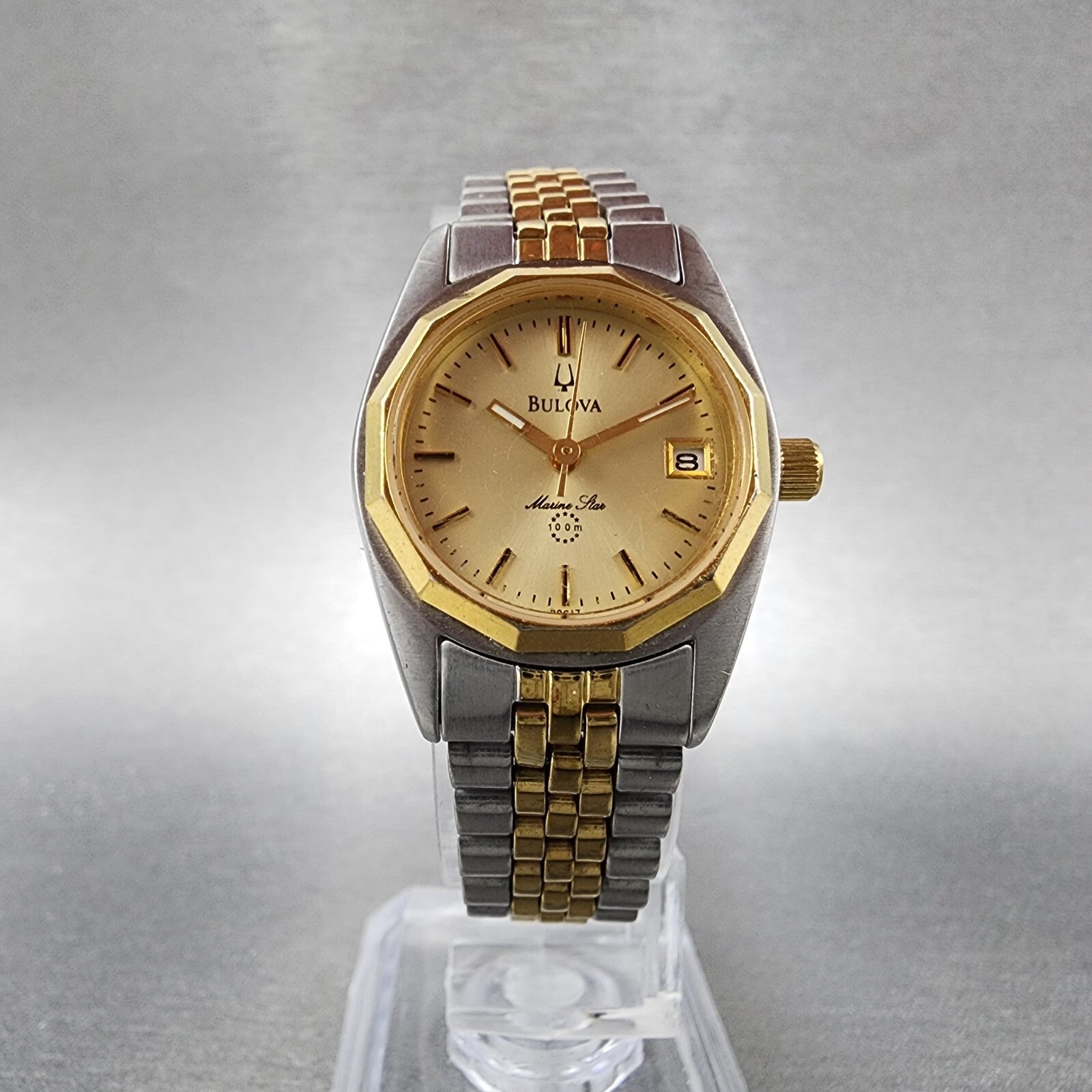 Bulova Marine Star Watch Women 24mm Gold Dial Two Tone Date Round New Battery5