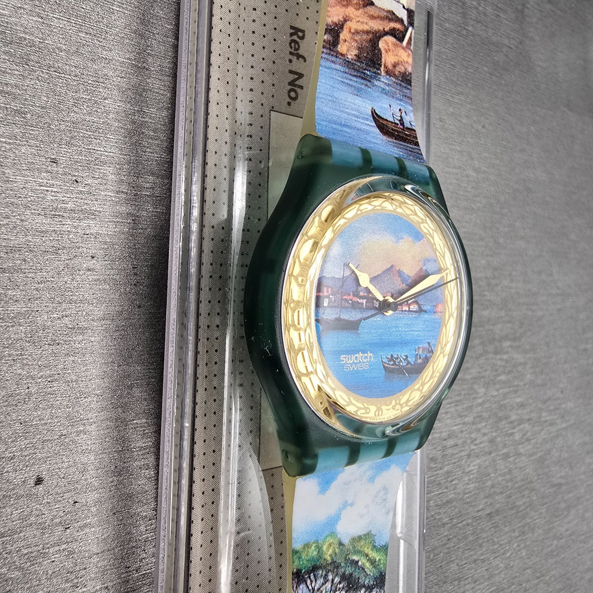 Swatch Sole Mio Watch Men 34mm Blue Dial Green Case GM124 New Battery NOS3