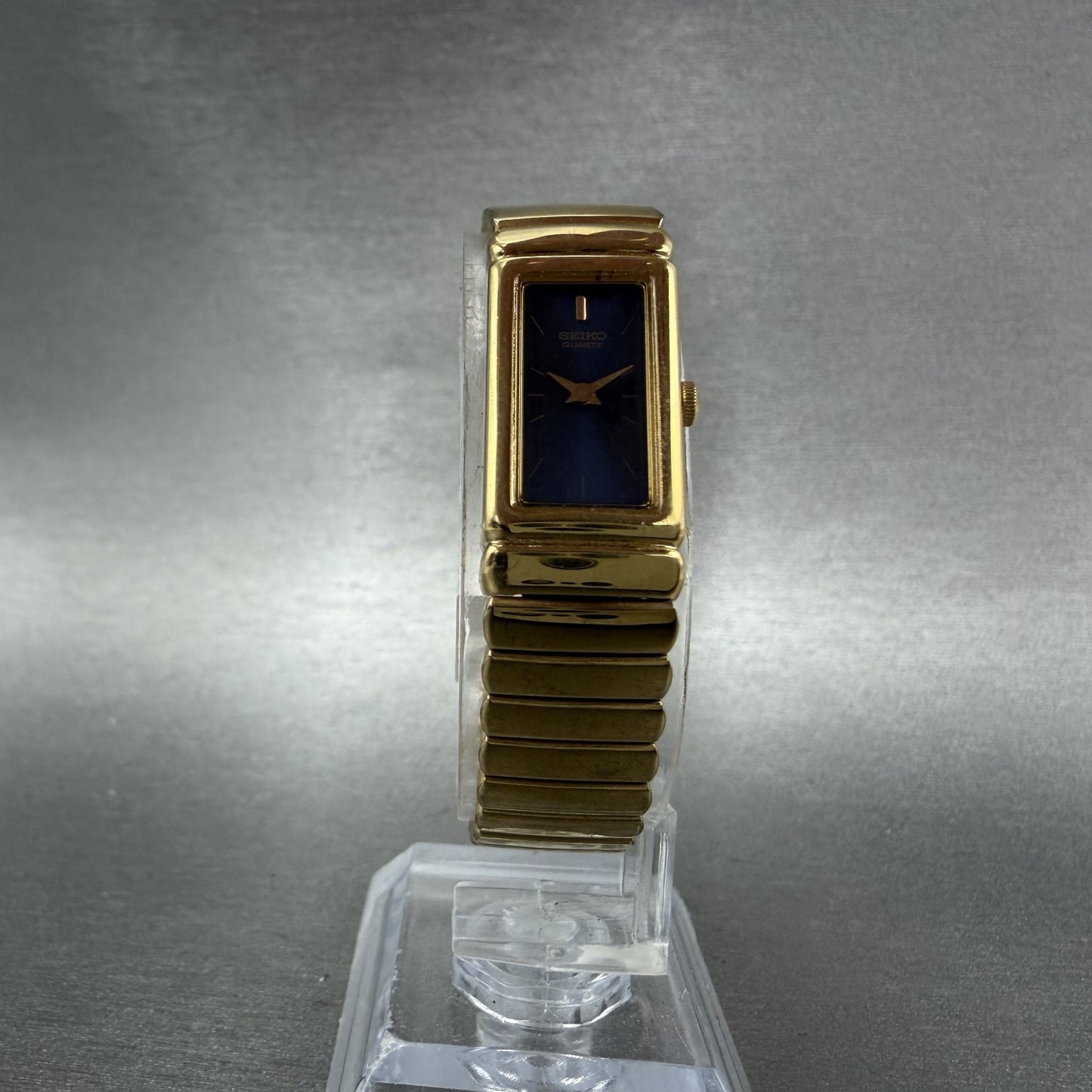 Seiko Tank Watch Women 13mm Blue Dial Gold Tone Rectangle 2E20-6759 New Batt ABC5