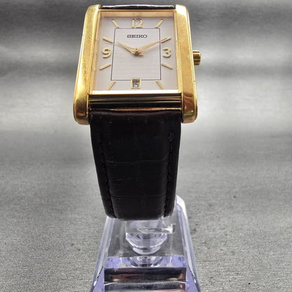 Seiko Tank Watch Men 27mm White Dial Gold Tone Date Rectangle V732-0449 New Batt5