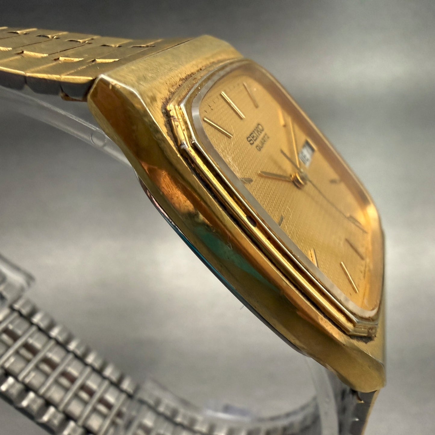 Seiko Watch Men 29mm Gold Dial Gold Tone Daydate Rectangle 6533-5010 New Battery3