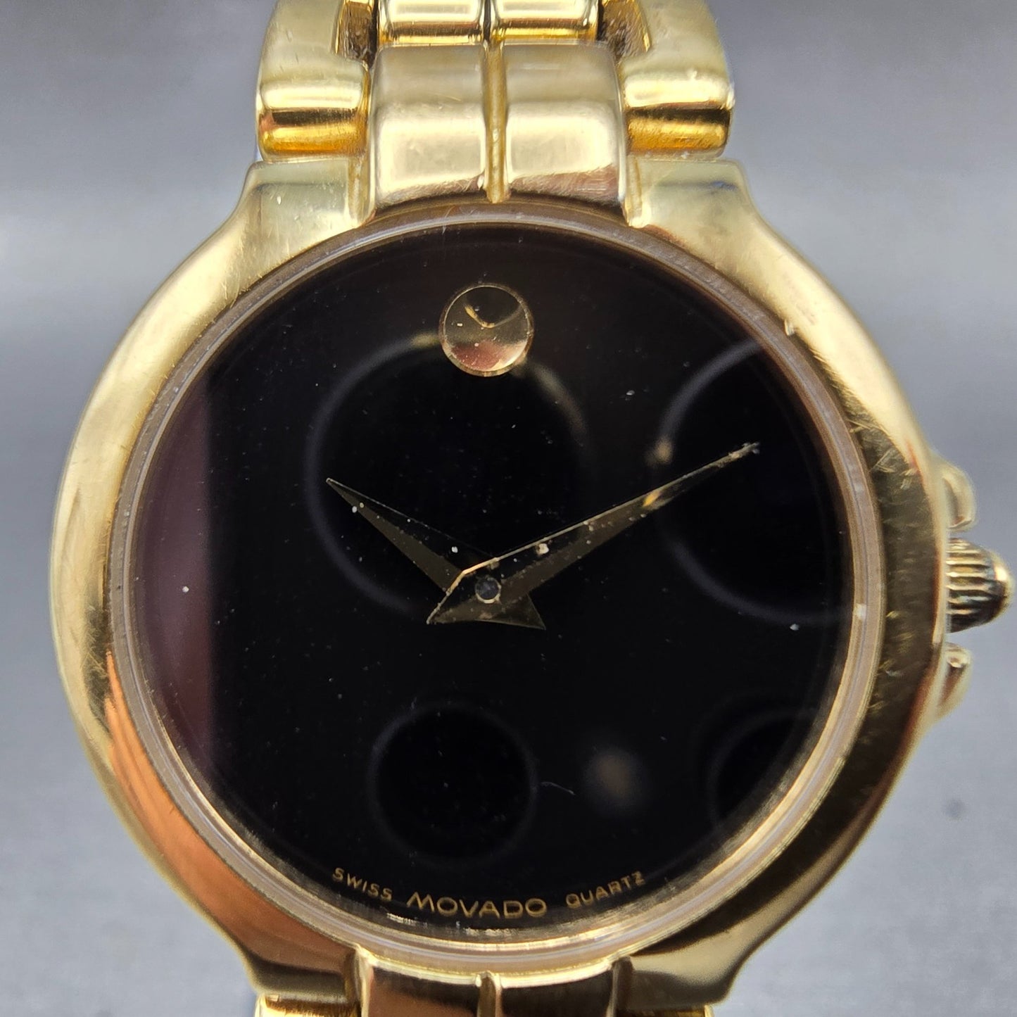 Movado Watch Women 26mm Black Dial Gold Tone Round 88-A1-844 New Battery1