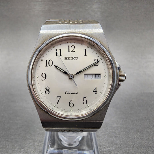 Seiko Chronos Watch Men 35mm Silver Tone Silver Dial Daydate 5h23-7d20 PARTS
