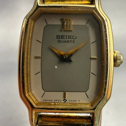 Seiko Watch Women 17mm Gray Dial Gold Tone Rectangle 2P20-5D90 New Battery VTG1