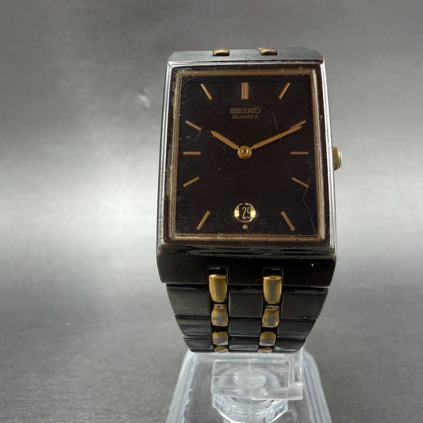 Seiko tank Watch Men 25mm Black Dial Black & Gold Tone Date 7N29-5B59 NewBattery5