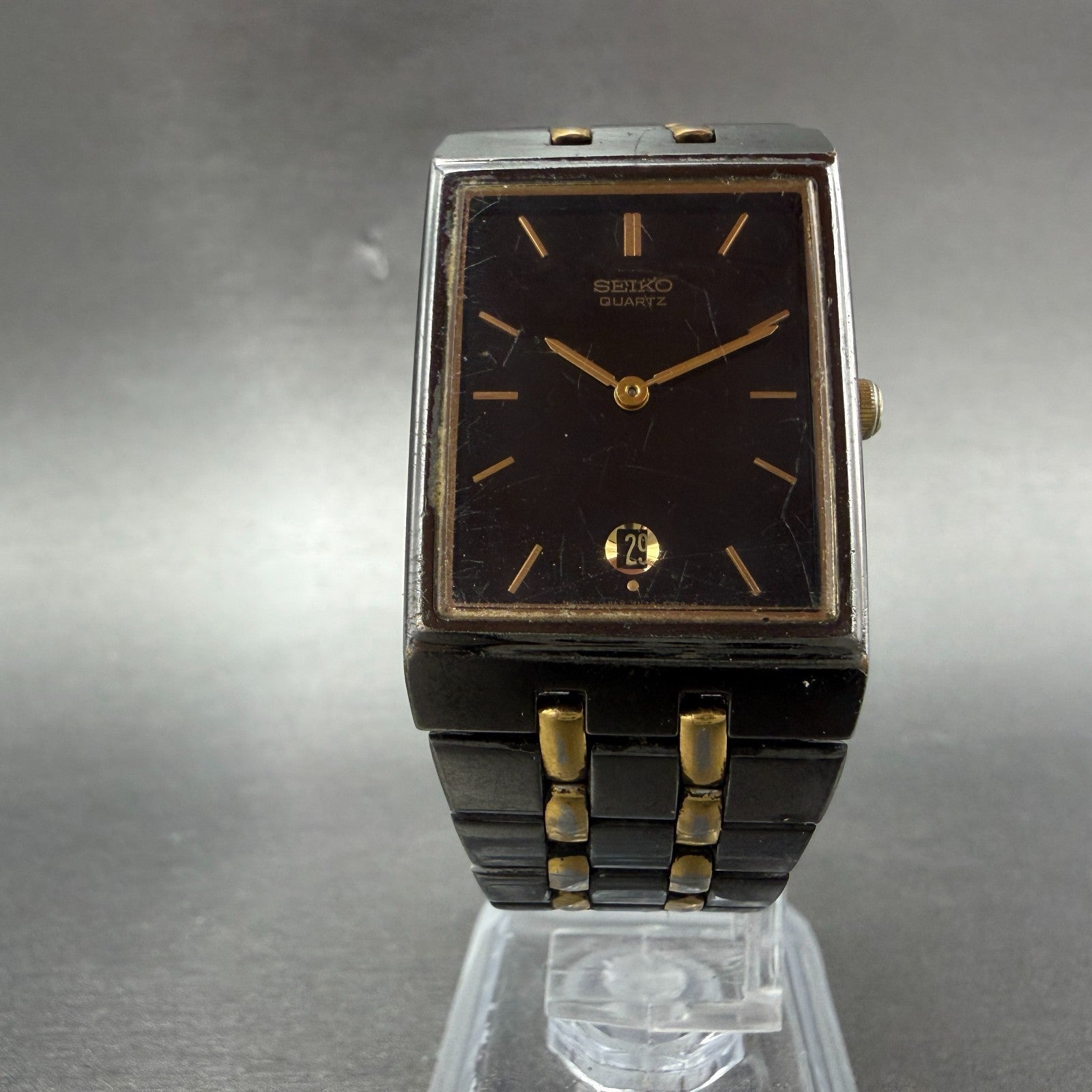 Seiko tank Watch Men 25mm Black Dial Black & Gold Tone Date 7N29-5B59 NewBattery5