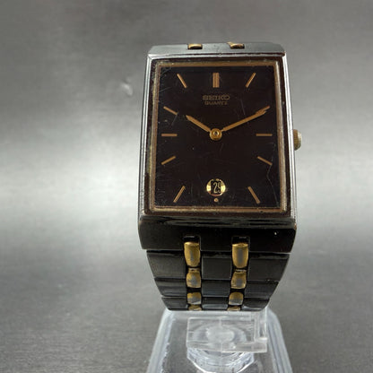 Seiko tank Watch Men 25mm Black Dial Black & Gold Tone Date 7N29-5B59 NewBattery5