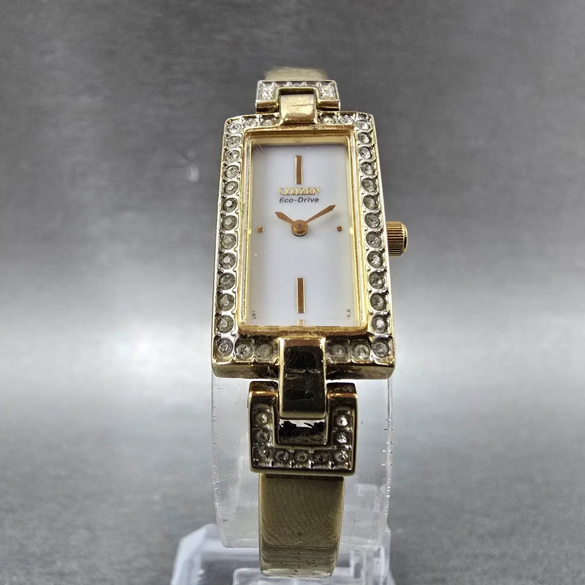 Citizen Eco-Drive Tank Watch Women 14mm White Dial Gold Crystal Bangle Works5