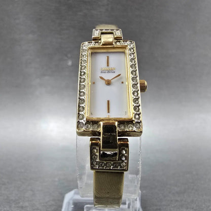 Citizen Eco-Drive Tank Watch Women 14mm White Dial Gold Crystal Bangle Works5