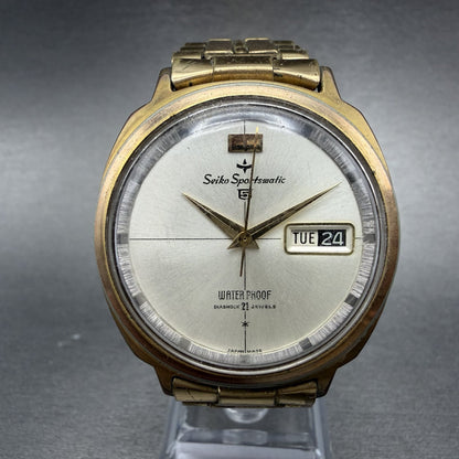 Seiko 5 Sportsmatic Watch Men 36mm White Dial Gold Tone Daydate Automatic RunsAB0