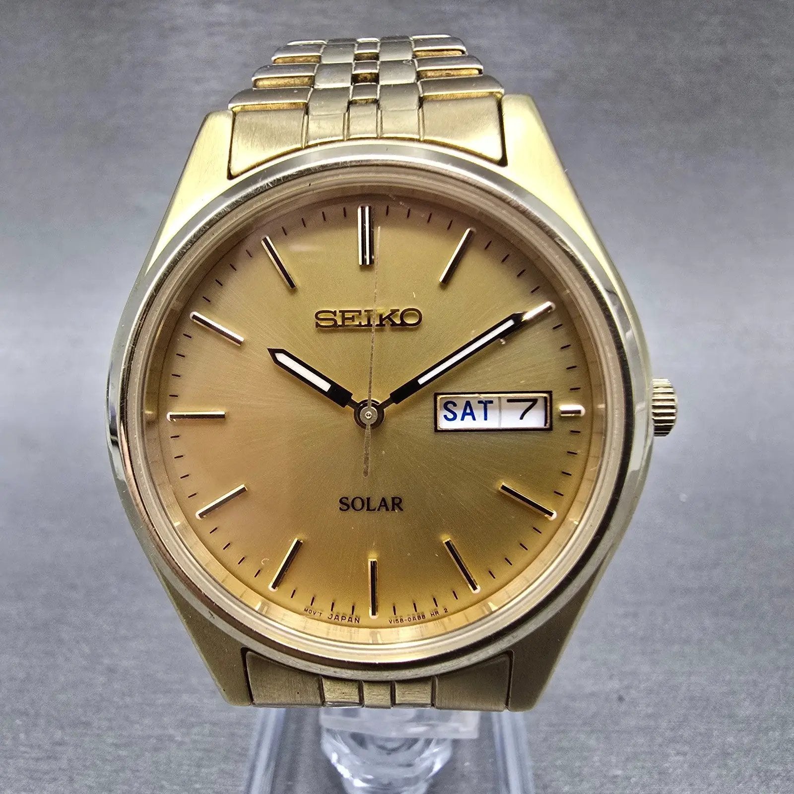 Seiko Solar Watch Men 37mm Champagne Dial Gold Tone Daydate V158-0aa0 Runs NKJWW0
