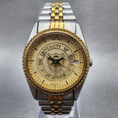 Seiko Watch Women 24mm Gold Dial Two Tone Daydate 7N830049 UT Austin New Batt0