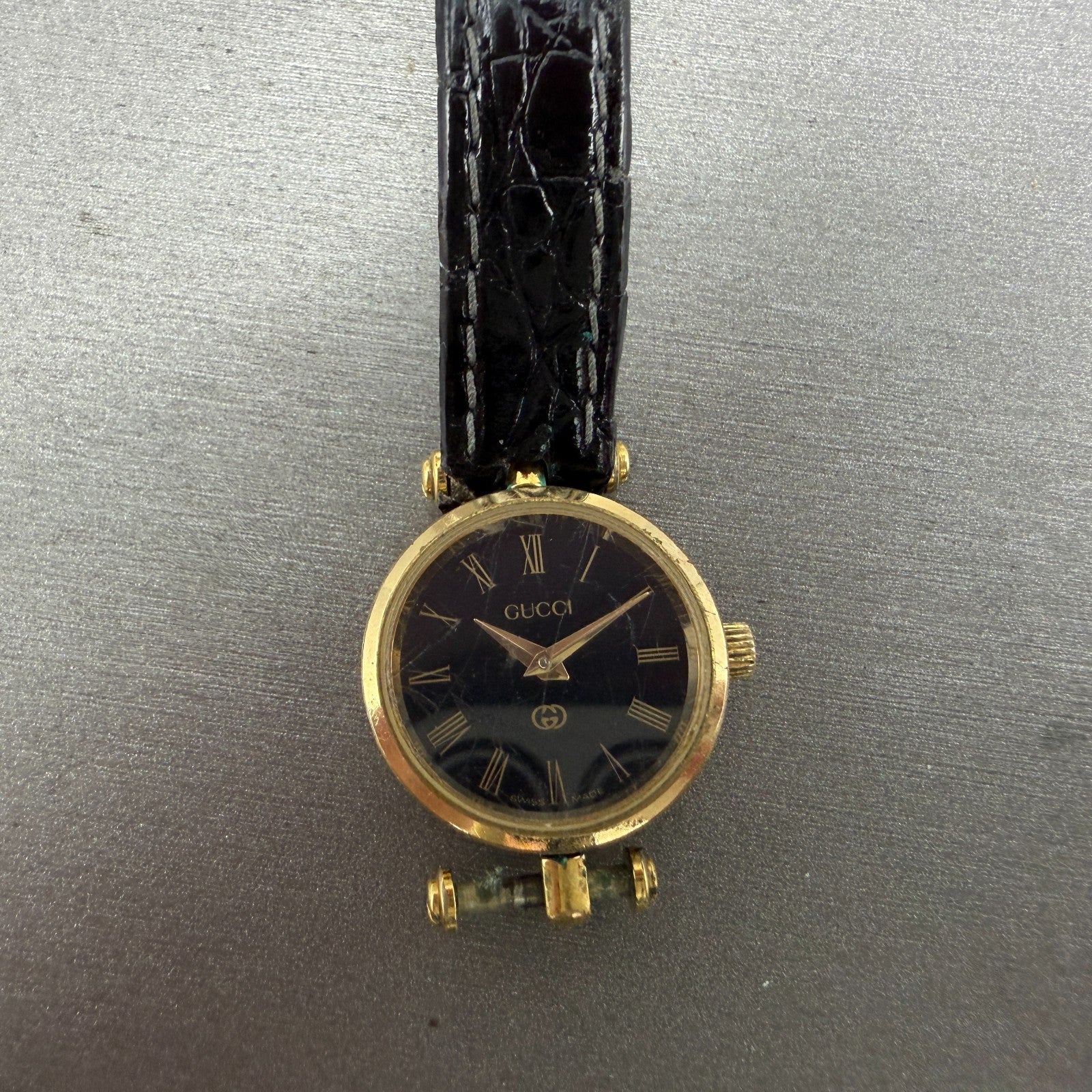 Gucci 2000L Watch Women 21mm Black Dial Gold Plated Round Vintage PARTS0