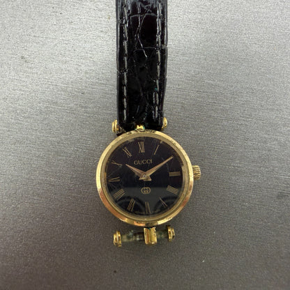 Gucci 2000L Watch Women 21mm Black Dial Gold Plated Round Vintage PARTS0