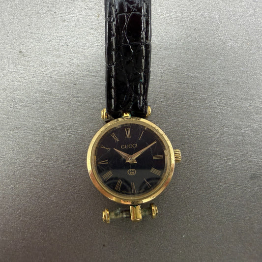 Gucci 2000L Watch Women 21mm Black Dial Gold Plated Round Vintage PARTS0