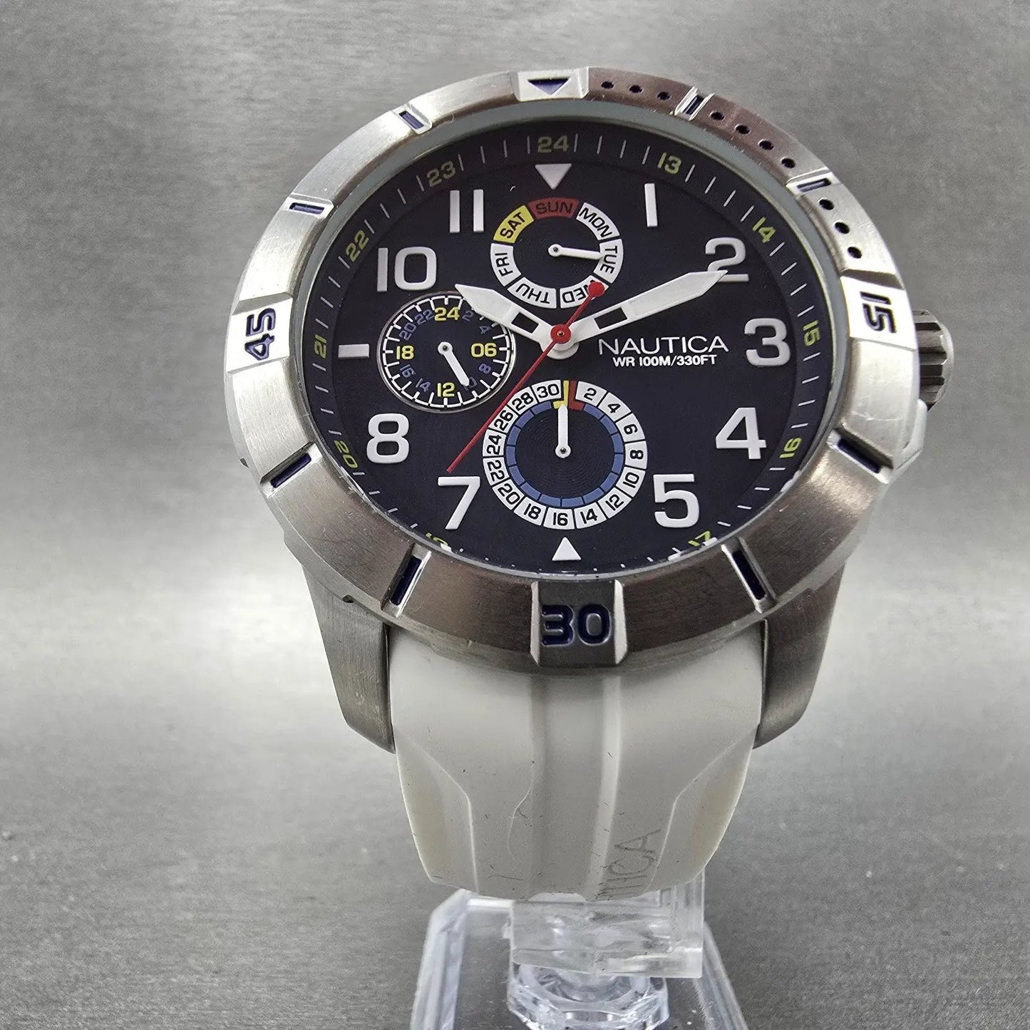 Nautica Dive Watch Men 47mm Blue Dial Steel Daydate Round NAD12514G New battery5