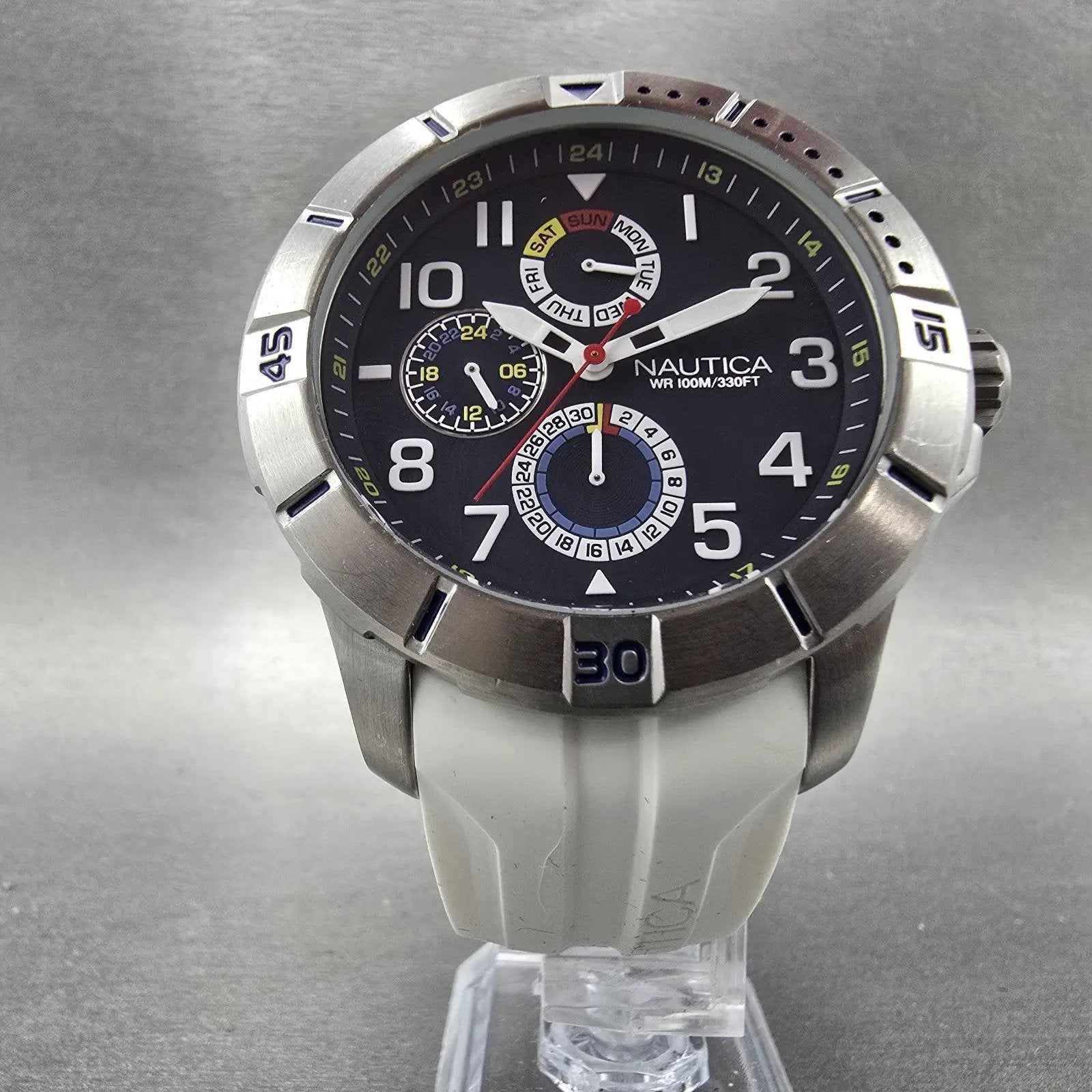 Nautica Dive Watch Men 47mm Blue Dial Steel Daydate Round NAD12514G New battery5