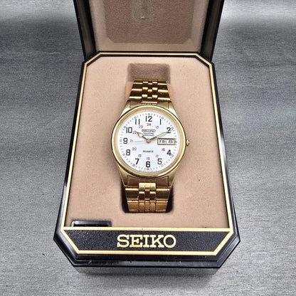 Seiko Railroad Approved Watch Men 35mm White Dial Gold Daydate 7N43-8A39 New Bat11