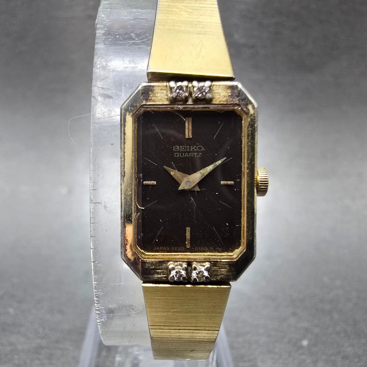 Seiko Watch Women 14mm Brown Dial Gold Rectangle Diamonds 2e20-5099 New Battery0