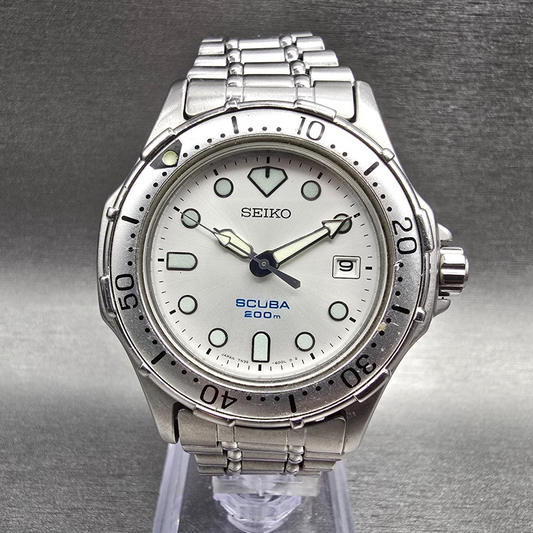 Seiko Scuba Watch Men 38mm Silver Dial Silver Tone Date Round 7N35-6000 New Batt0
