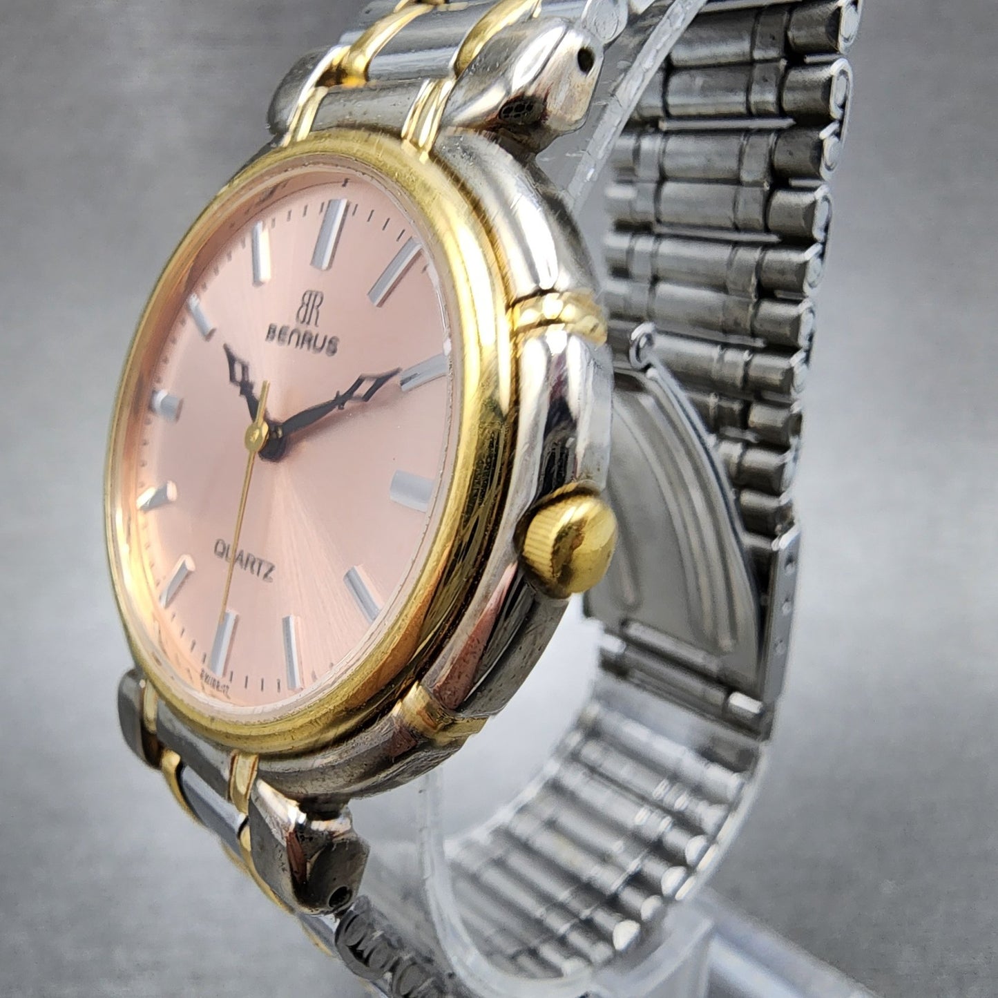 Benrus Watch Women 32mm Pink Dial Two Tone Round Vintage New Battery2