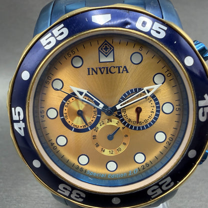 Invicta Pro Diver Watch Men 49mm Gold Dial Blue Tone Daydate Round 15044 New Bat1