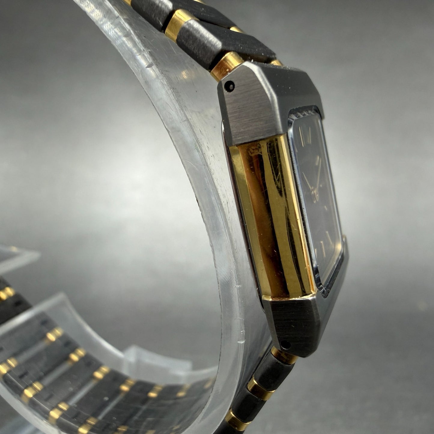 Seiko Lassale Tank Watch Women 16mm Black Dial Gray & Gold Rectangle 1E50 NOS3