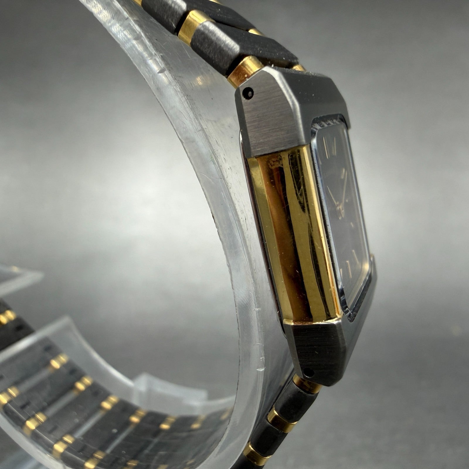 Seiko Lassale Tank Watch Women 16mm Black Dial Gray & Gold Rectangle 1E50 NOS3