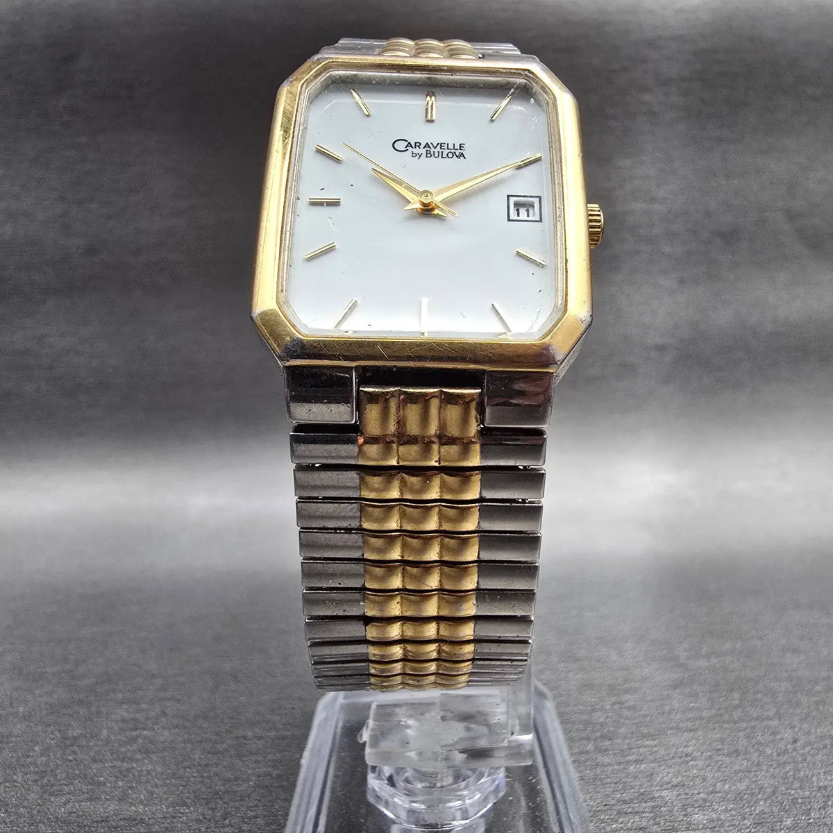 Bulova Caravelle Tank Watch Men 26mm White Dial Two Tone Date 40B51 New Battery25