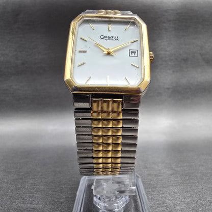 Bulova Caravelle Tank Watch Men 26mm White Dial Two Tone Date 40B51 New Battery25