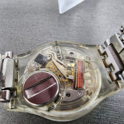 Swatch Silver Fall Watch Women 25mm Silver Dial Clear Case Round LW130 New Batt9