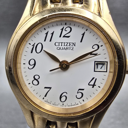 Citizen Watch Women 24mm White Dial Gold Tone Date Round 1012-S063612 New Batt1
