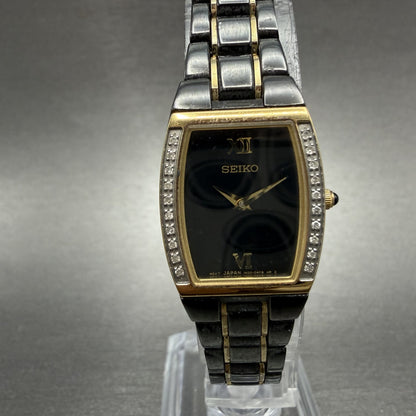 Seiko Tank Watch Women 19mm Black Dial Black & Gold Tone 1N00-0NG0 New Battery0