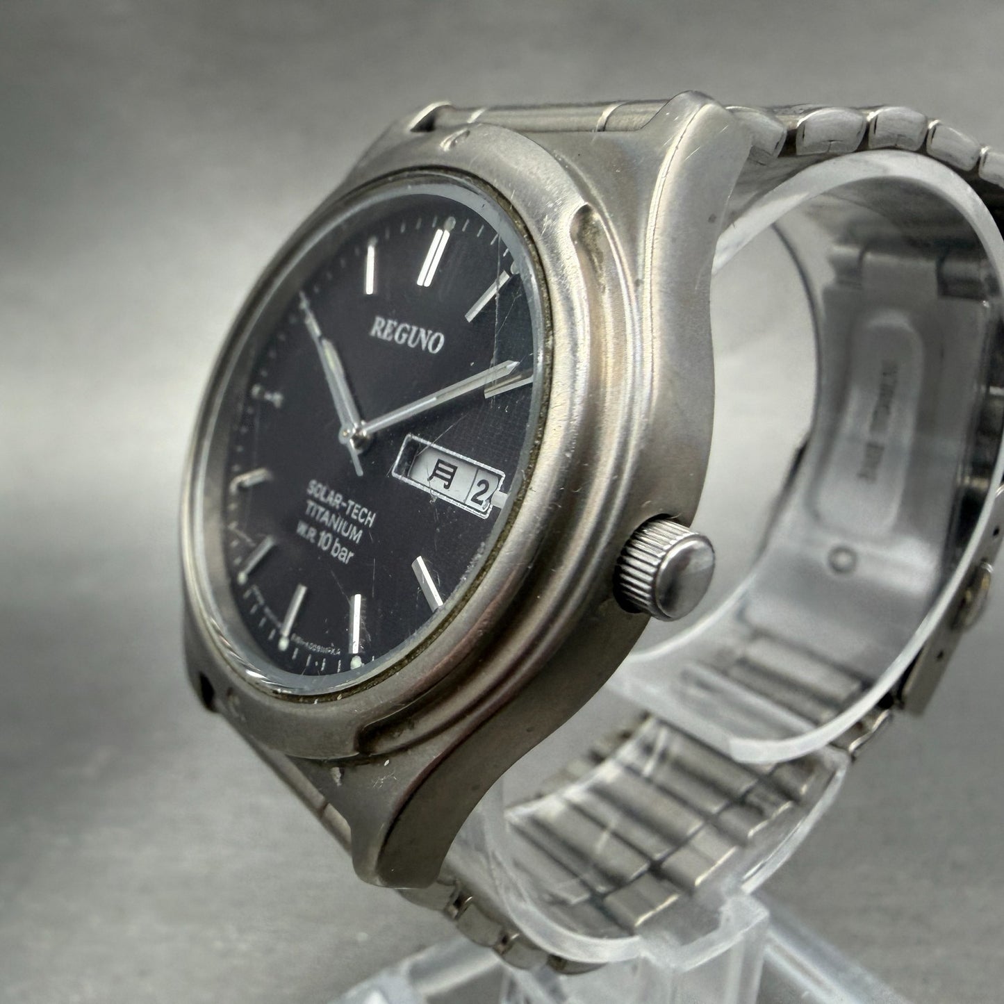 Citizen Reguno Watch Men 36mm Black Dial Titanium Daydate Solar Round Runs E1012