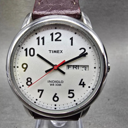 Timex Easy Reader Watch Men 35mm Silver Dial Silver Tone Daydate New Battery BYH0