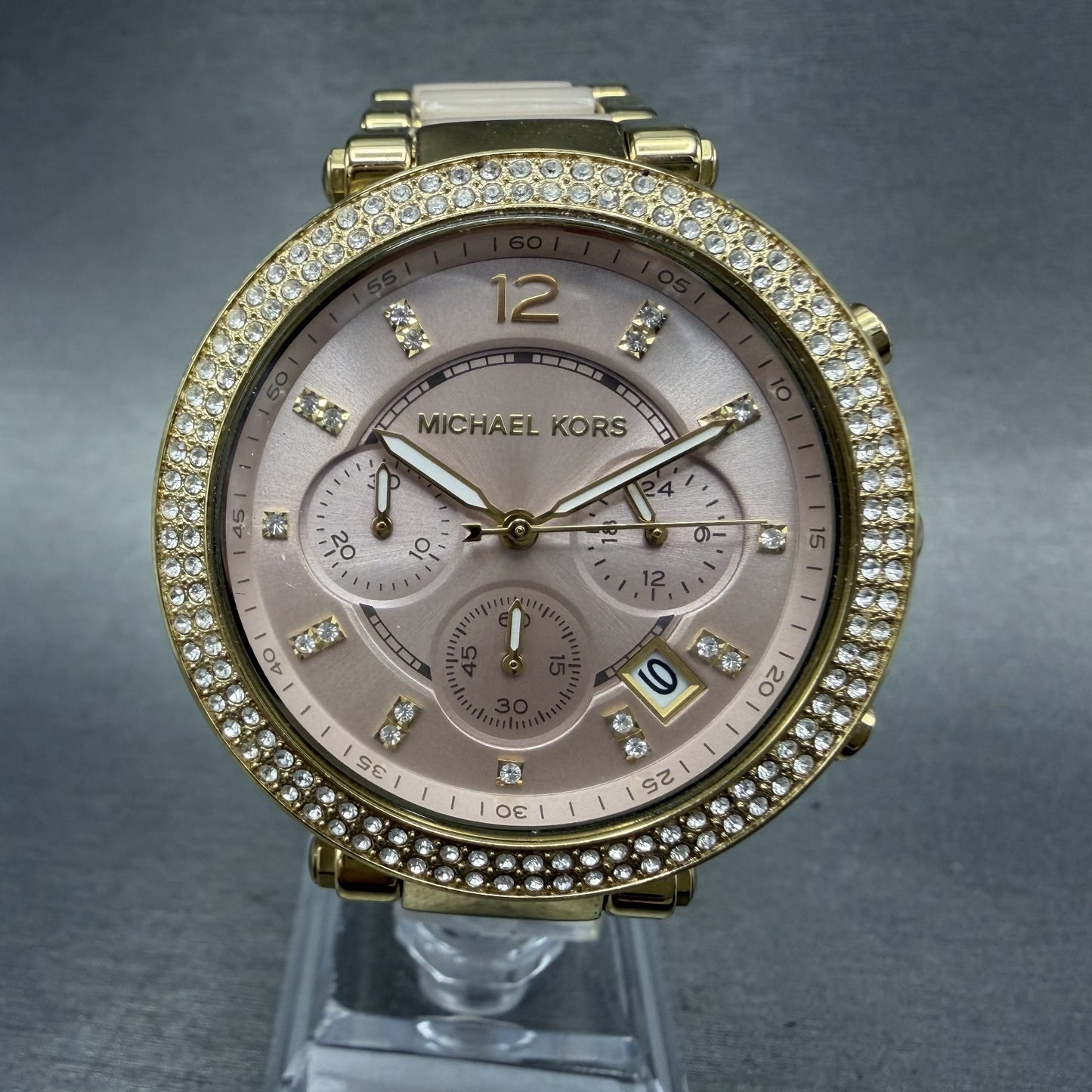 Michael Kors Parker Chronograph Watch Women 39mm Pink Dial Gold Tone Date NewBat0