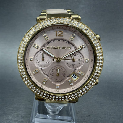 Michael Kors Parker Chronograph Watch Women 39mm Pink Dial Gold Tone Date NewBat0