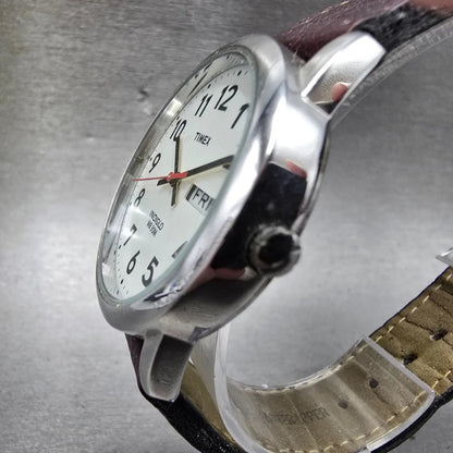 Timex Easy Reader Watch Men 35mm Silver Dial Silver Tone Daydate New Battery BYH2