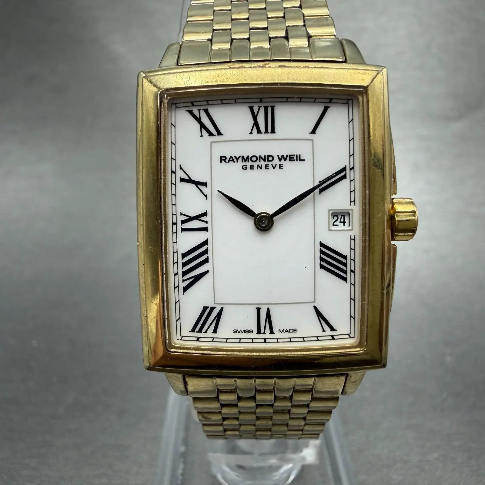 Raymond Weil Tradition Tank Watch Women 24mm White Dial Gold Tone Date 5956 Runs0