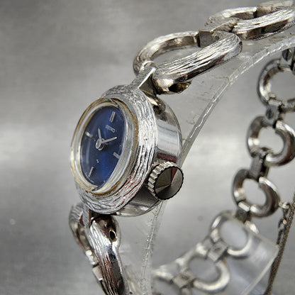 Seiko Watch Women 20mm Blue Dial Silver Tone Oval Manual Wind 117519 Runs2
