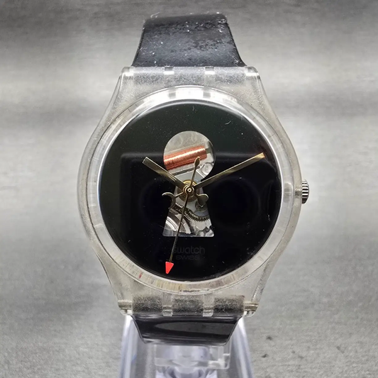 Swatch Porte Jarretelles Watch Men 34mm Black Dial Clear Case GK316 New Battery0